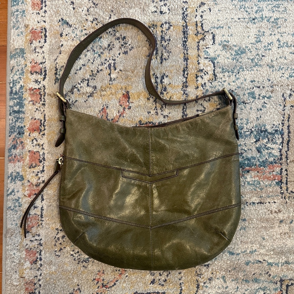 Hobo "Serra" leather shoulder bag in distressed Olive green w/inside pockets